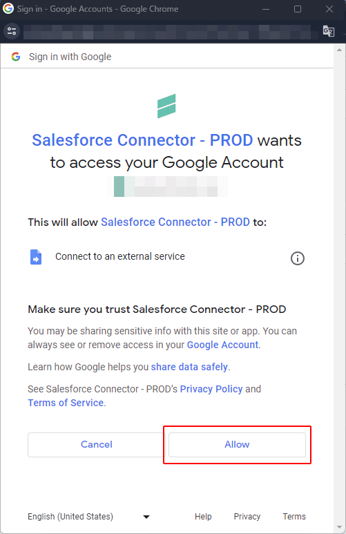 「Salesforce Connector」のGoogleアカウントへのアクセス許可